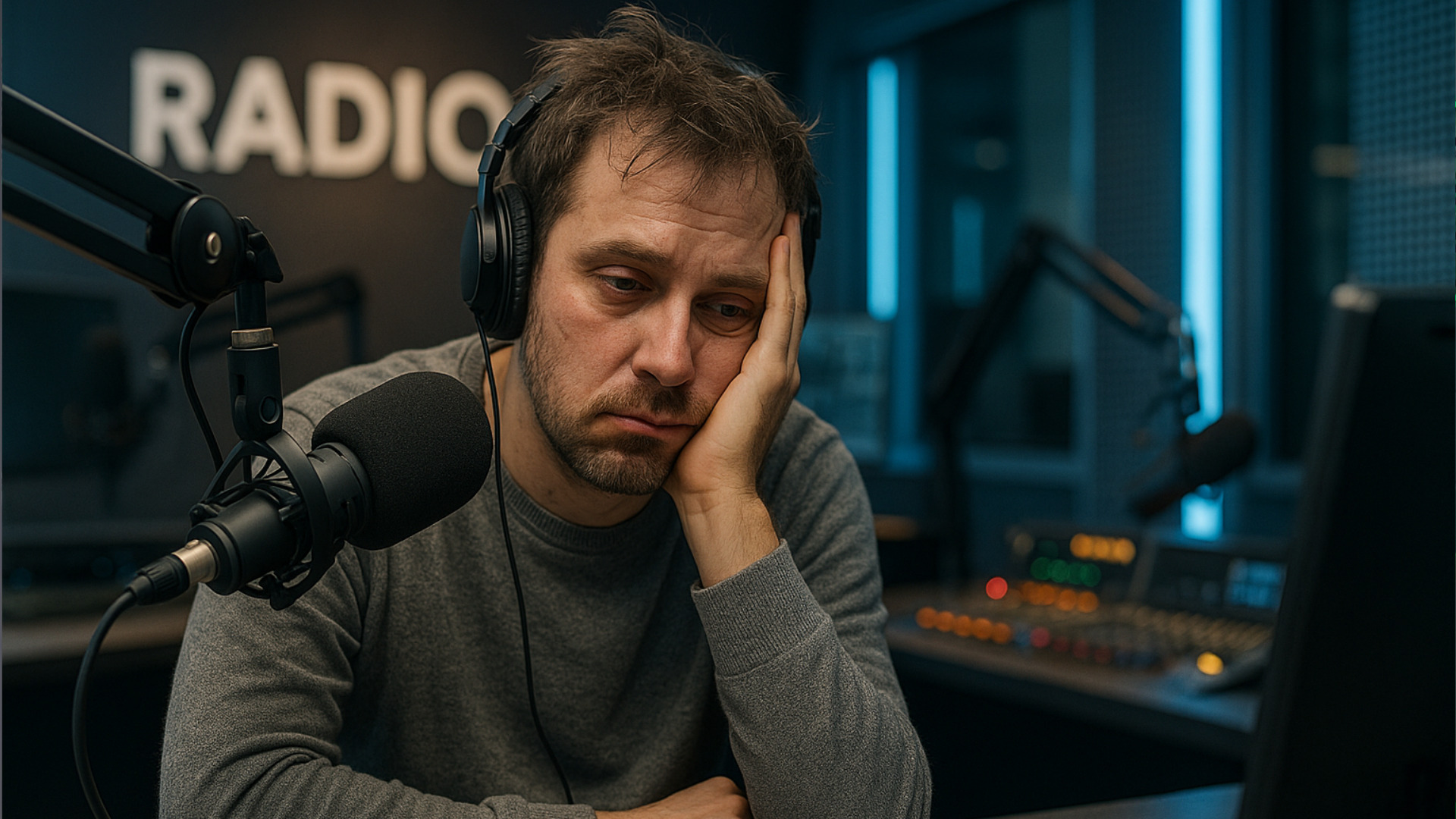 A radio presenter looking stressed in the studio - radio talent burnout 2025